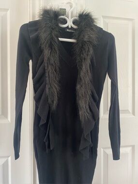 Black Faux Fur Trim Long Sleeve Sweater Dress